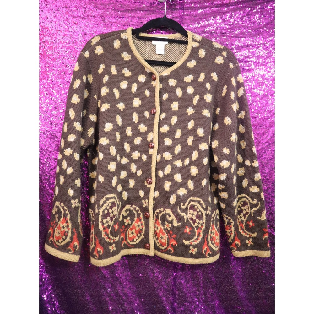 Brown Paisley Cardigan Medium Crystal Kobe Women Knit Button Front Sweater